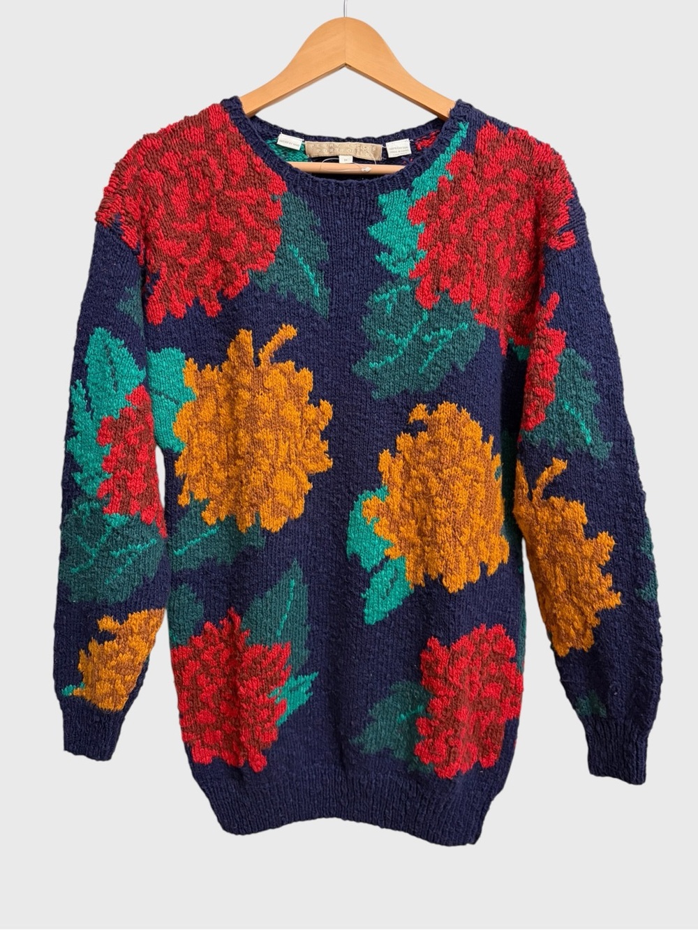 Vintage Perry Ellis Portfolio Hand Knit Floral Sweater M 80s 90s Wearable Art